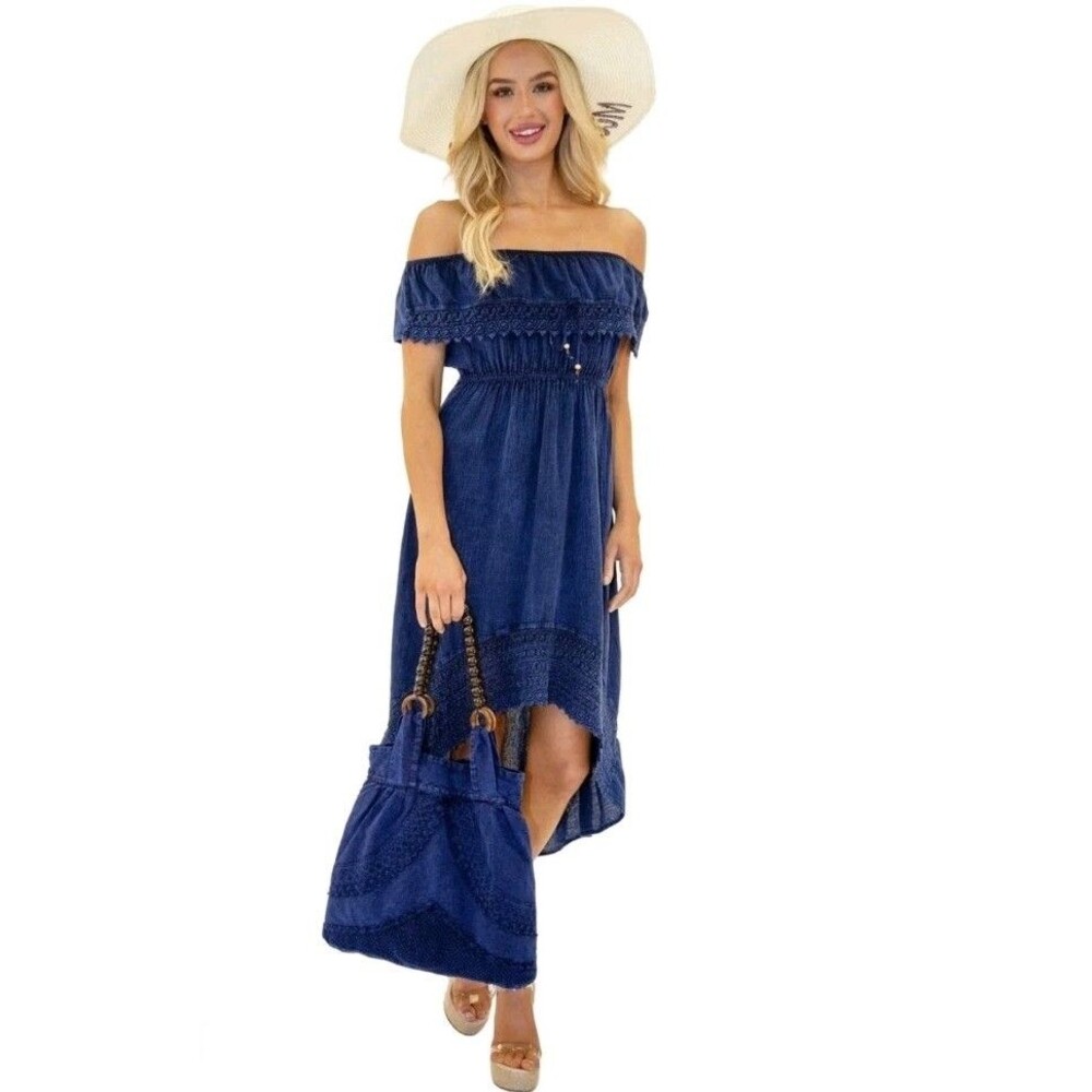 Sea Spice Resort Wear Maxi Dress Womens L Blue Off Shoulder Hi Low Lace Boho GUC